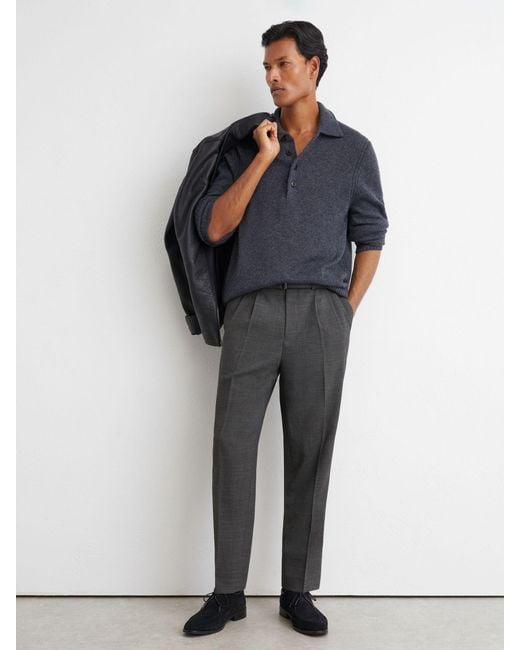 Reiss Blue Tailored Fit Wool-Blend Belted Pleated Trousers for men