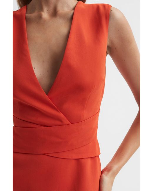 Reiss Red Jayla - Orange Fitted Wrap Design Midi Dress, Us 6