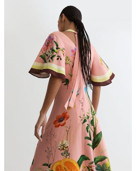 Reiss White Flossy - Pink Floral-print Cut-out Midi Dress, Us 4