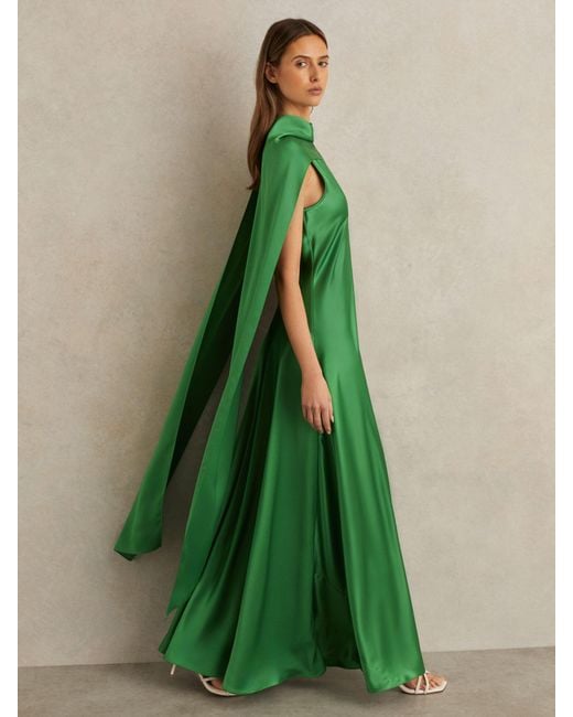 Reiss Fae - Green Satin Cape Maxi Dress, Us 2