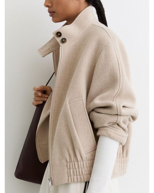 Reiss Natural Elodie - Neutral Wool Funnel-neck Bomber Coat, Us 10
