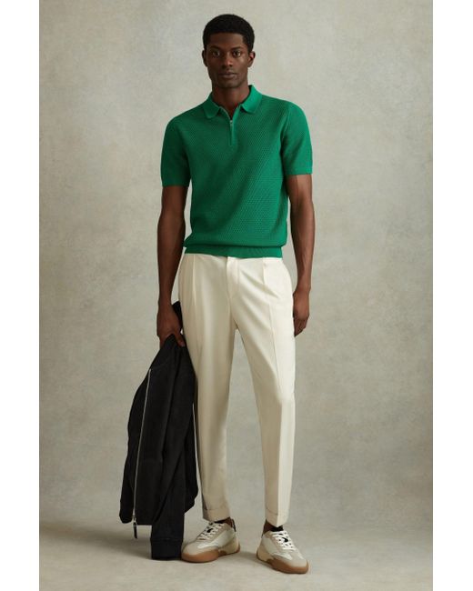 Reiss Burnham - Bright Green Cotton Blend Textured Half Zip Polo Shirt, Xl for men