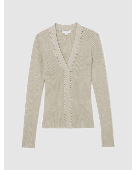 Reiss Natural Metallic Craft-Stitch Rib-Knit Top