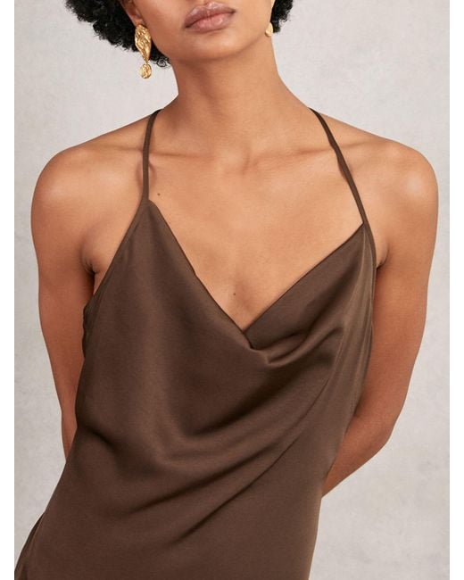 Reiss Brown Satin Cowl-Neck Slip Dress