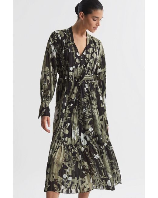 Reiss Lottie - Green Floral Print Tie Neck Midi Dress