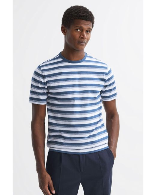 Reiss Dean - Blue/white Cotton Crew Neck Striped T-shirt for men