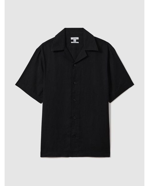 Reiss Black Relaxed Linen Cuban Collar Shirt for men