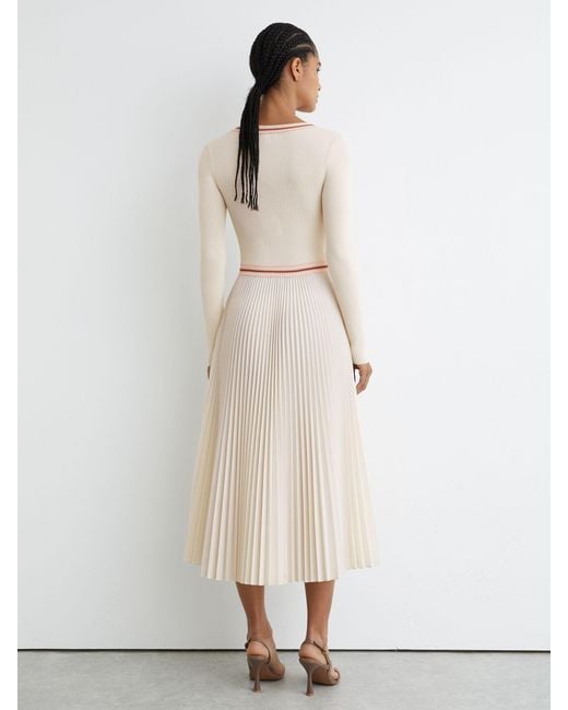 Reiss Natural Rib-Knit Stripe-Trim Pleated Midi Dress