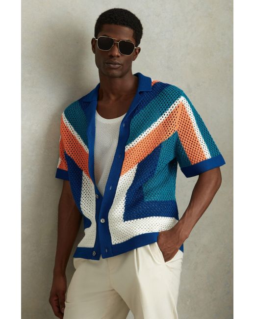 Reiss Blue Panko - Bright Multi Cotton Blend Crochet Cuban Collar Shirt, Xl for men