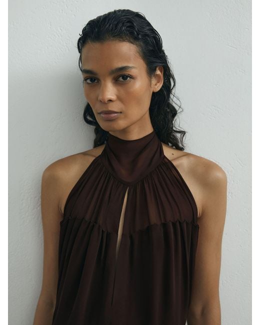 ATELIER Gray Chiffon Draped Halterneck Maxi Dress