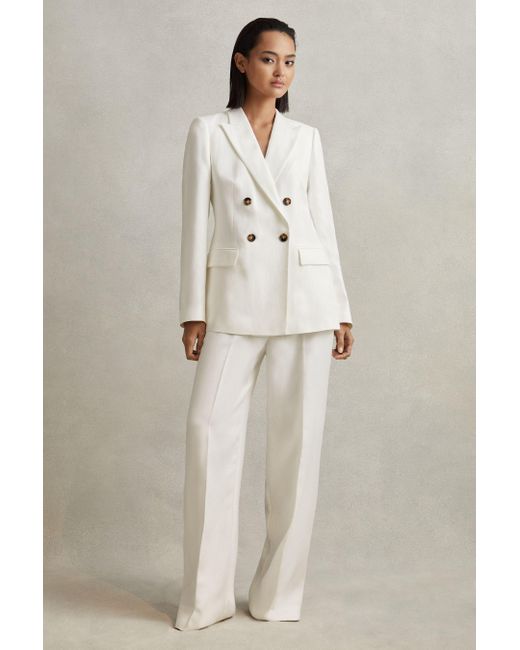 Reiss Natural Lori - White Viscose-linen Double Breasted Suit Blazer, Us 8
