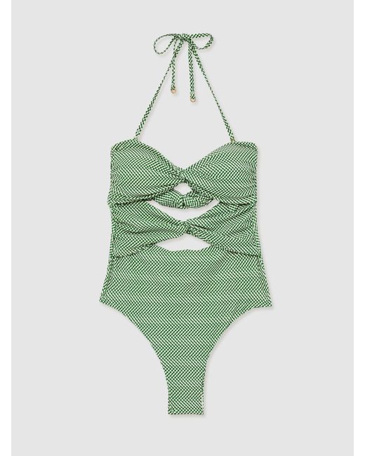 Reiss Green Chequered Print Cut Out Swimsuit
