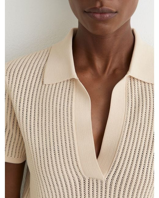 Reiss Blue Pippa - Ivory Open-stitch Knitted Polo Top, M (us 8-10)