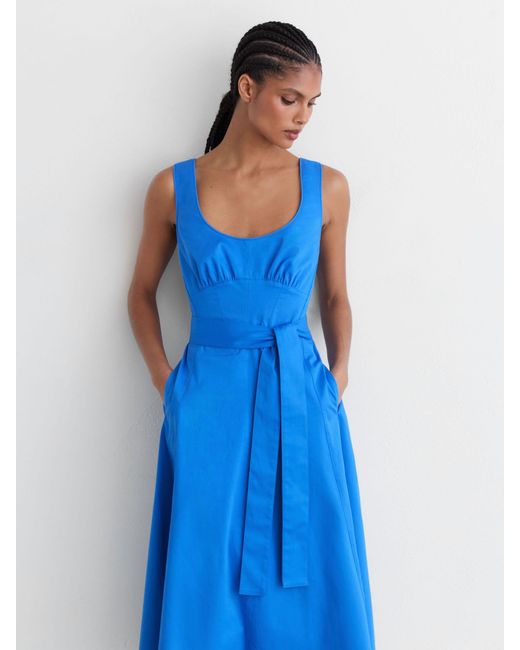 Reiss Irina - Blue Cotton Belted Midi Dress With Stretch, Us 6