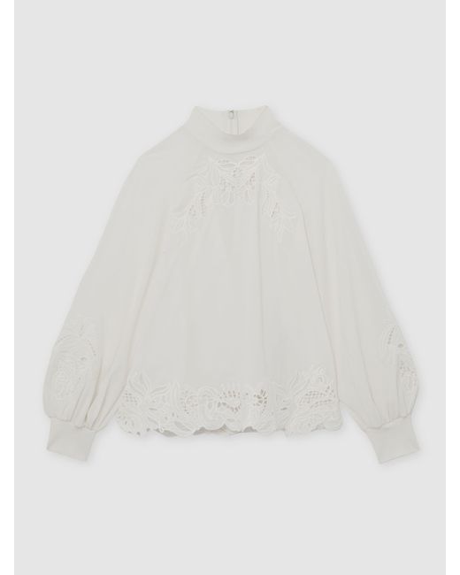 Reiss White Broderie Blouson-Sleeve Blouse