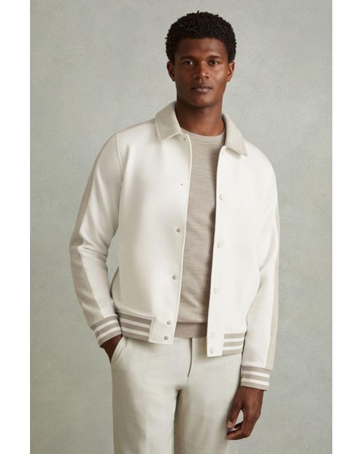 Reiss Natural Arnold - Optic White/soft Grey Melange Hybrid Interlock Jersey Bomber Jacket, M for men