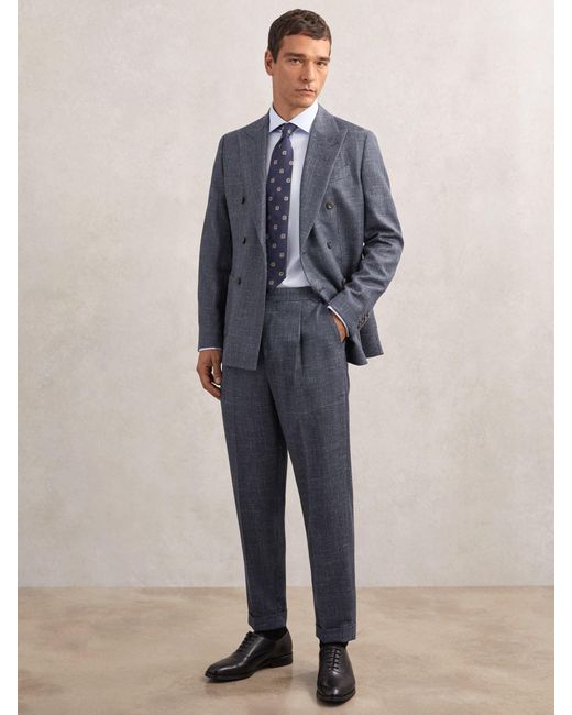 Reiss Blue Wool-Blend Herringbone Trousers Tailored-Fit for men