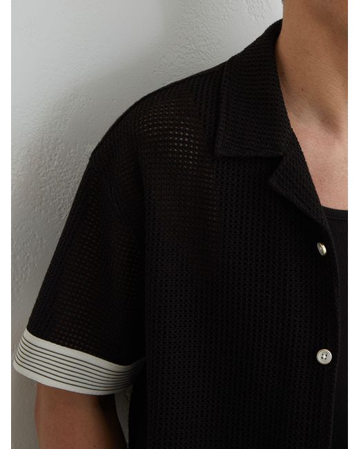 Reiss Black Cotton-Blend Tape-Trim Crochet Shirt for men
