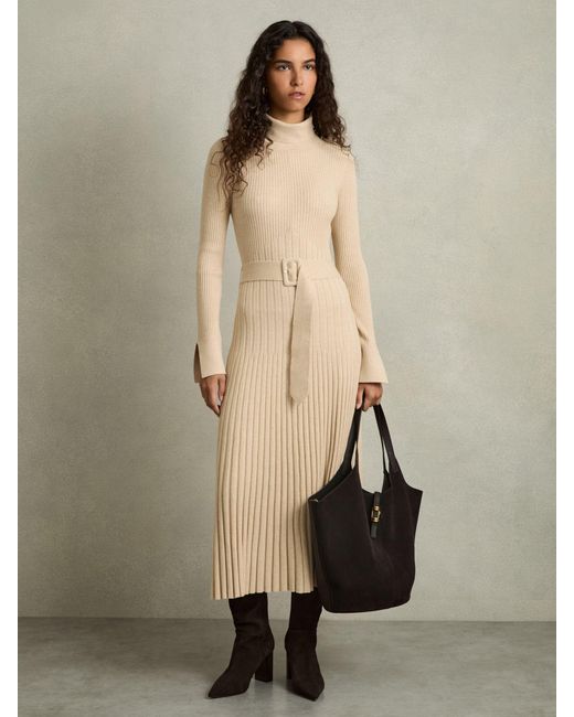 Reiss Natural Ribbed Belted Midi Dress