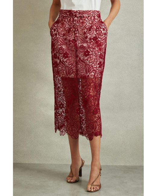 Reiss Red Flo - Burgundy Sheer Lace Midi Pencil Skirt