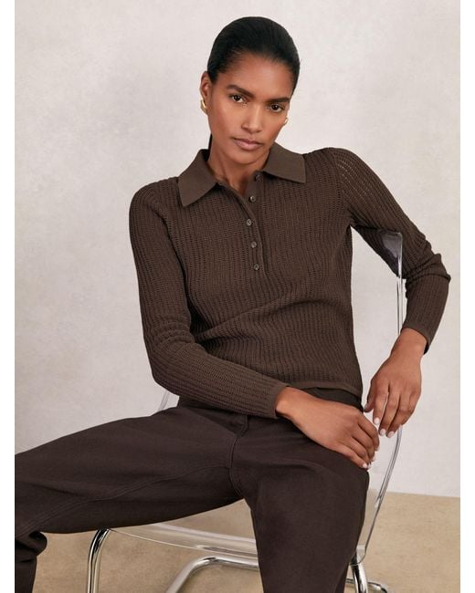 Reiss India - Chocolate Brown Open-knit Long-sleeve Polo Top, Xs (us 2)