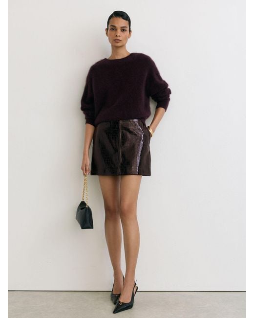 Reiss Black Cora - Burgundy Leather Crocodile-effect Mini Skirt, Us 8