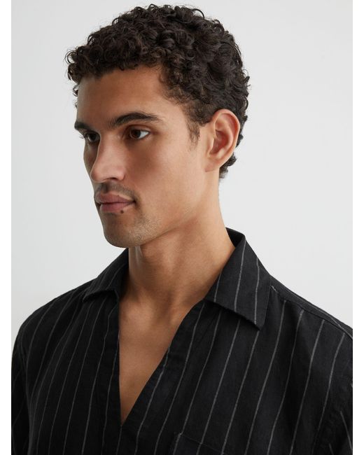 Reiss Gray Quest - Black Linen Pinstripe Open-collar Shirt, 2x-large for men