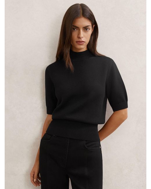 Reiss Black Cotton And Wool Funnel-Neck Knit Top