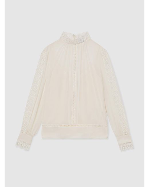 Reiss Natural Ori - Cream Lace-trim Sheer Blouse, Us 12