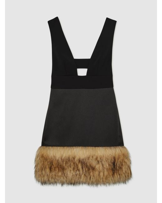 Reiss Bri - Atelier Black Atelier Satin Faux-fur Trim Mini Dress, Us 10