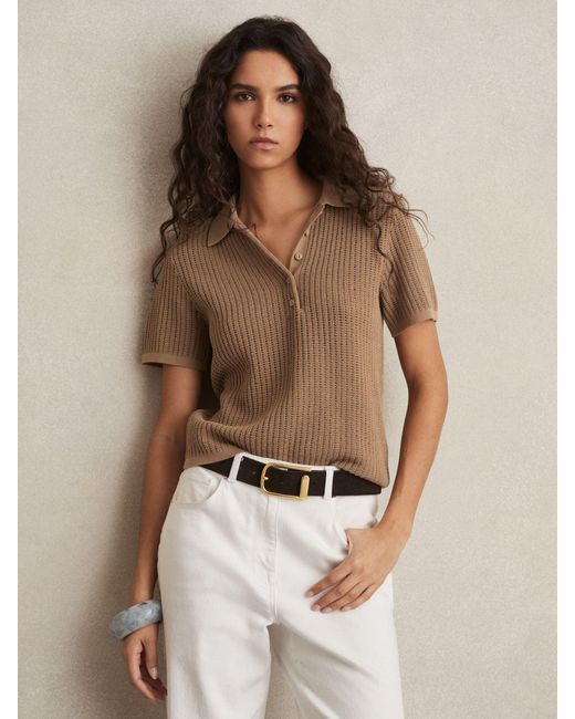 Reiss Brown Evi - Tan Cotton-blend Open-knit Polo Shirt, Xs (us 2)