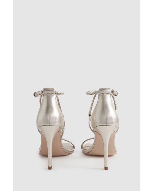 PAIGE White Gold Leather Plaited Strappy Heeled Sandals