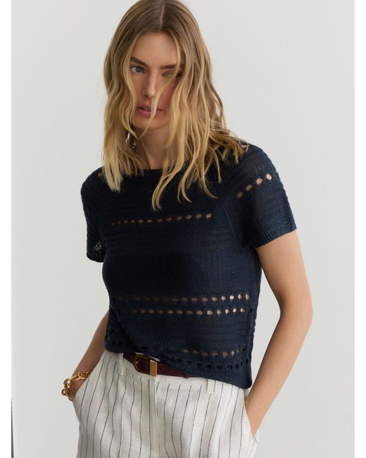 Reiss Blue Linen Textured-Knit Top