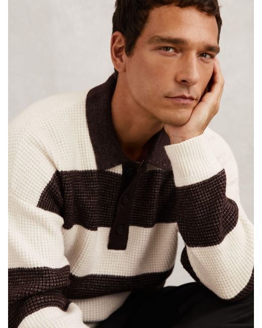 Reiss Black Chocolate & Off Waffle-Knit Stripe Half-Button Jumper With Wool for men