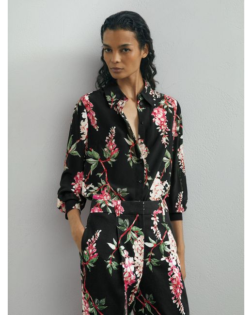 ATELIER Gray Silk-chiffon Floral-print Black Shirt