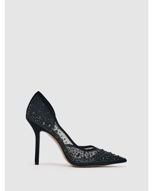 Reiss Black Crystal-Embellished Mesh Court Shoes