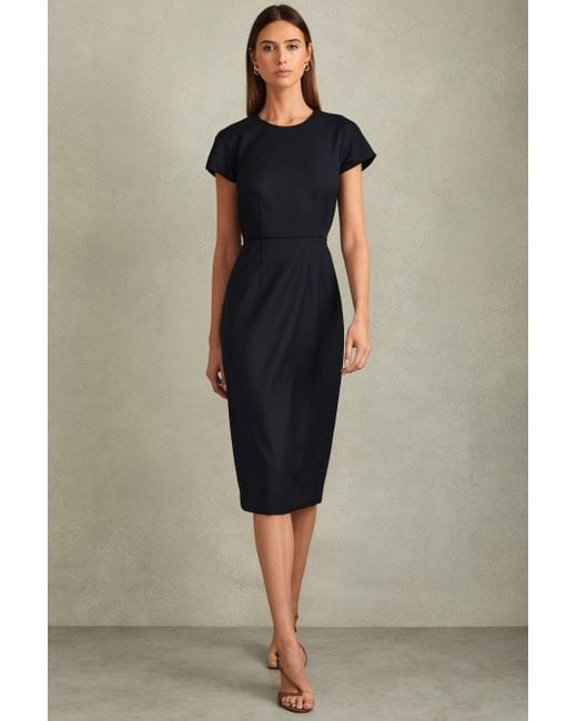 Reiss Blue Wool Textured Cap Sleeve Midi Dress