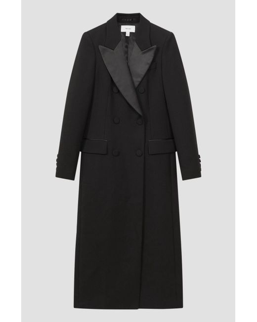 Reiss Maeve - Black Relaxed Fit Wool Satin Double Breasted Coat