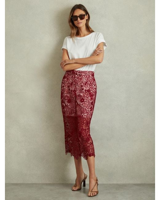 Reiss Red Sheer Lace Midi Pencil Skirt