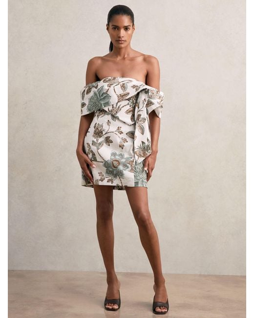 Reiss Natural Sculpted Off-Shoulder Floral Mini Dress Linen-Cotton