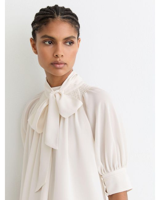 Reiss White Tie-Neck Short-Sleeve Blouse