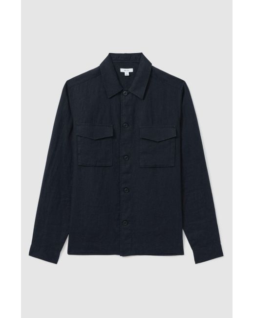 Reiss Blue Viera - Navy Linen Overshirt, Xxl for men