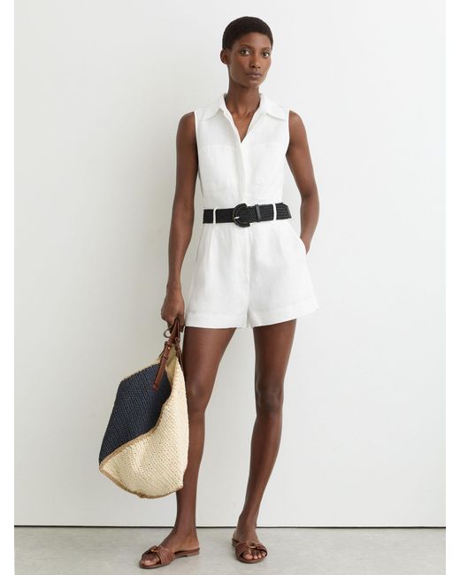 Reiss Natural Taylor - Ivory Linen Sleeveless Belted Playsuit, Us 10