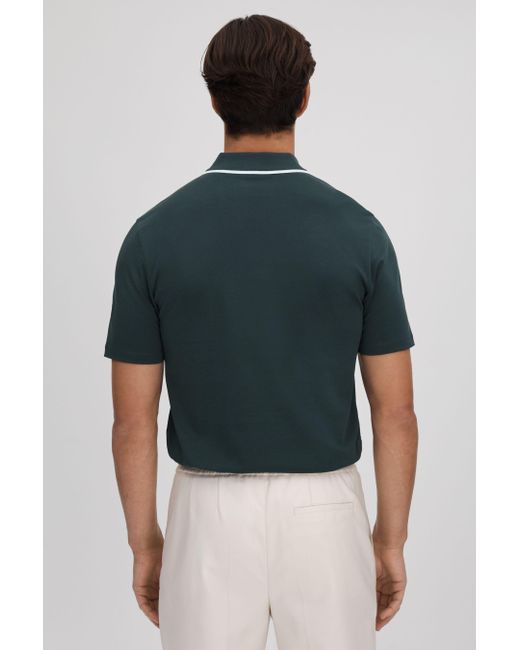 Reiss Cannes - Dark Green Cotton Contrast Collar Half-zip Polo Shirt for men