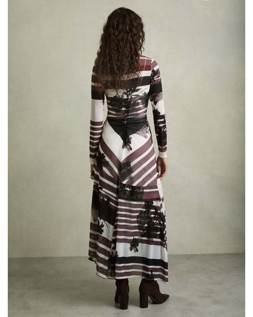 Reiss Natural Burgundy & Abstract Print Ruched Dress