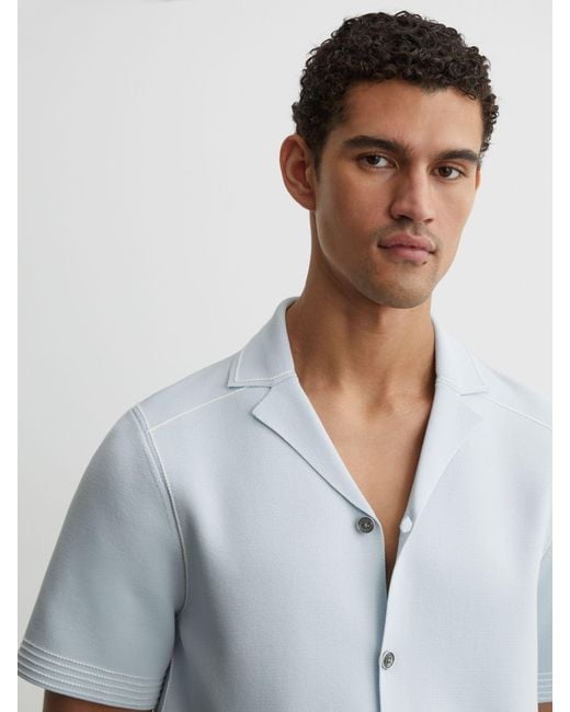 Reiss Blue Stitch-Detail Cuban-Collar Knit Shirt for men