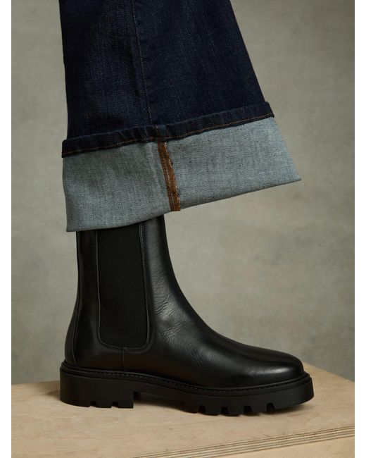Reiss Black Leather Cleated Sole Chelsea Boots