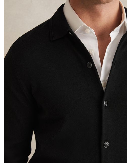 Reiss Black Merino Wool Button-Through Cardigan for men