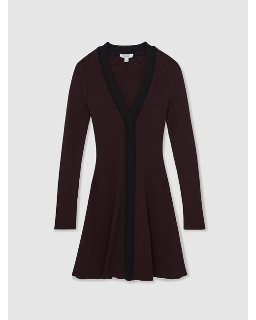 Reiss Black Burgundy & Craft-Stitch Rib-Knit Mini Dress
