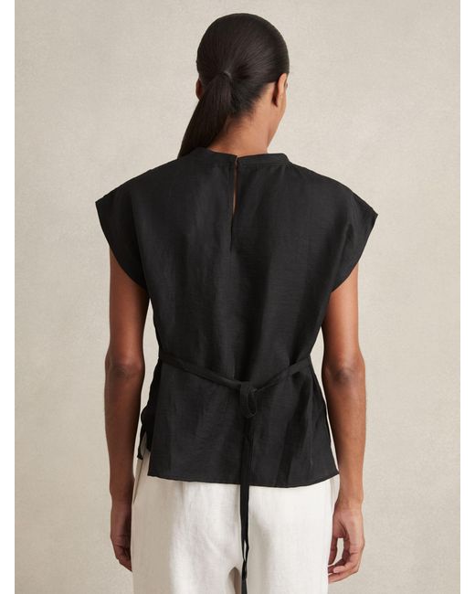 Reiss Black Linen-Blend Cap-Sleeve T-Shirt